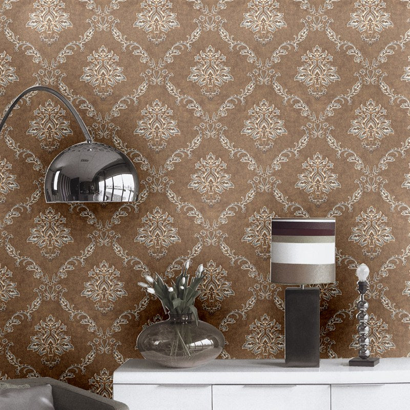 Damask Wallpaper Roll Nostalgic Moisture Resistant Dining Room Wall Art, 31' L x 20.5" W