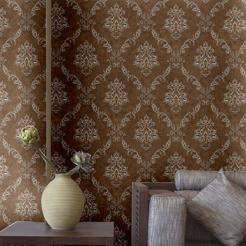 Damask Wallpaper Roll Nostalgic Moisture Resistant Dining Room Wall Art, 31' L x 20.5" W