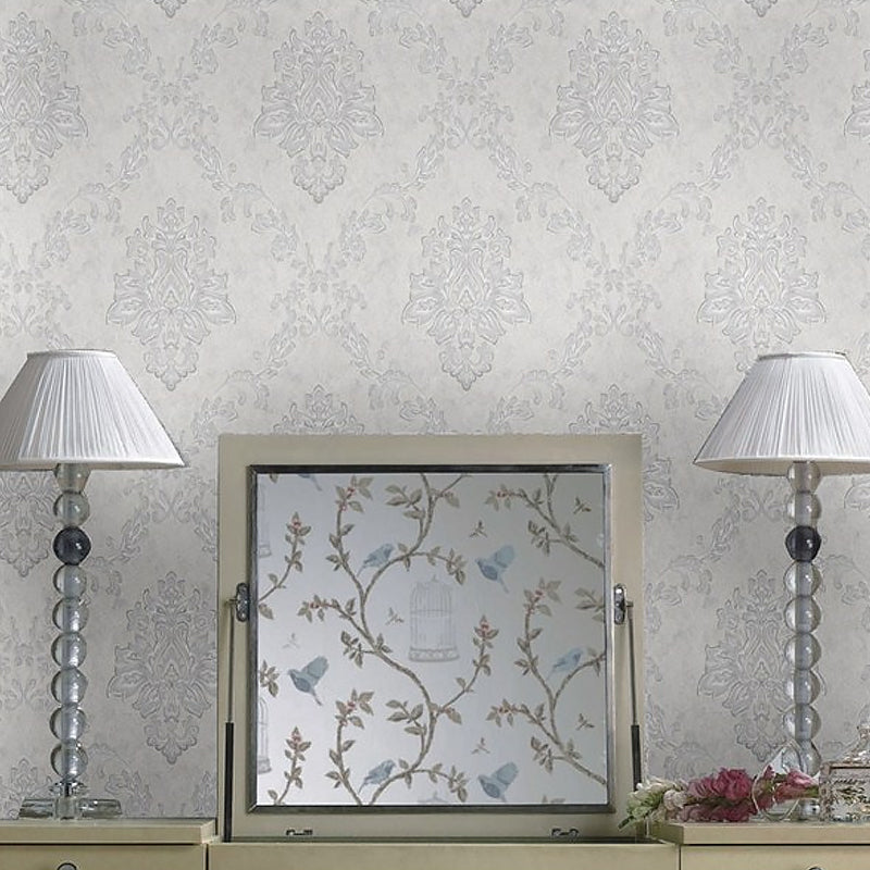 Damask Wallpaper Roll Nostalgic Moisture Resistant Dining Room Wall Art, 31' L x 20.5" W