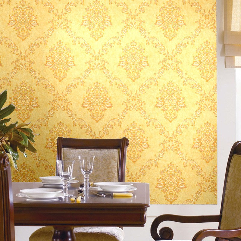 Damask Wallpaper Roll Nostalgic Moisture Resistant Dining Room Wall Art, 31' L x 20.5" W