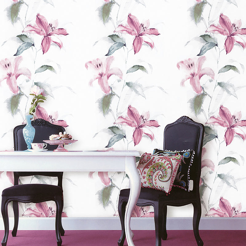 Rural Watercolor Lilies Wallpaper Soft Color Stain Resistant Wall Art for Dining Room