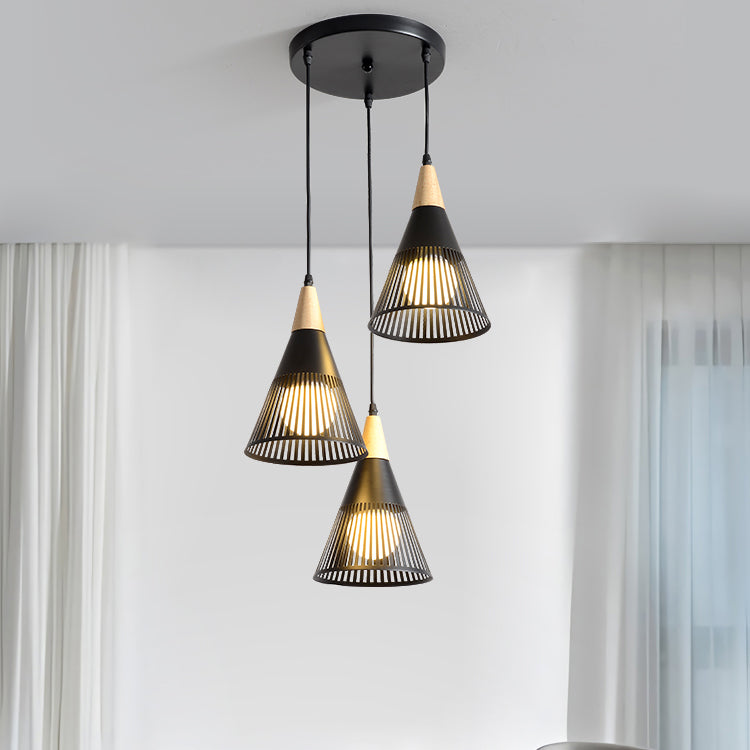 Modern Wood Finish Pendant Light with Cone Shade Hollow Design Metal Hanging Lamp for Restaurant