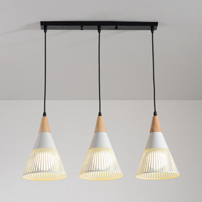 Modern Wood Finish Pendant Light with Cone Shade Hollow Design Metal Hanging Lamp for Restaurant