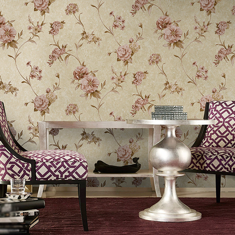 Rustic Flower Blossom Wallpaper Roll Pastel Color Stain Resistant Wall Art for Living Room