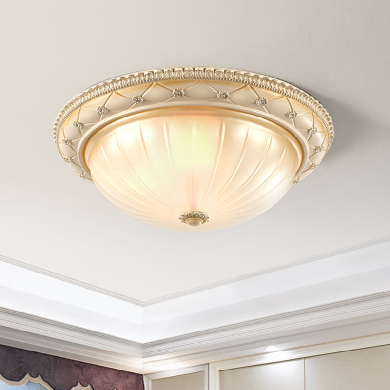 Beige Bowl Shaped Flush Ceiling Light Traditional Ribbed Glass 2/3 Lights 11.5"/16"/19.5" W Bedroom Flush Mount