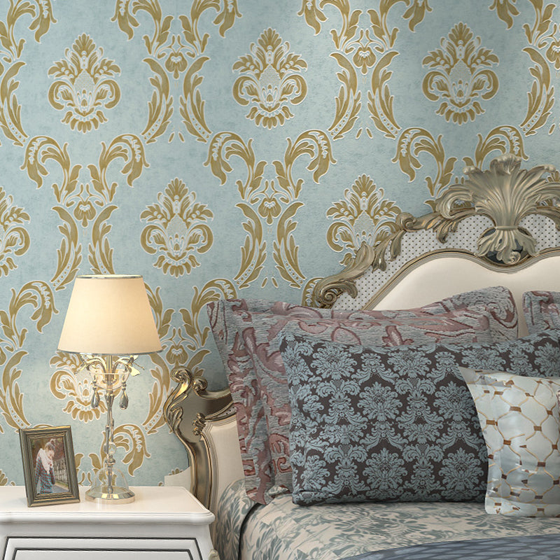 Geprägte, waschbare Tapete, Vintage-Jacquard-Wanddekoration in Blau für Schlafzimmer