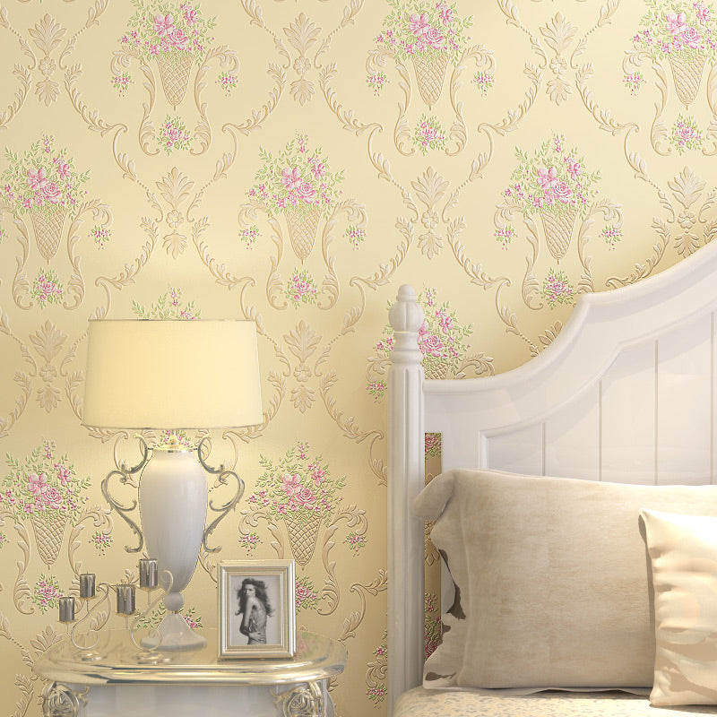 Pink Peony Wallpaper Roll Moisture Resistant Country Living Room Wall Art on Beige