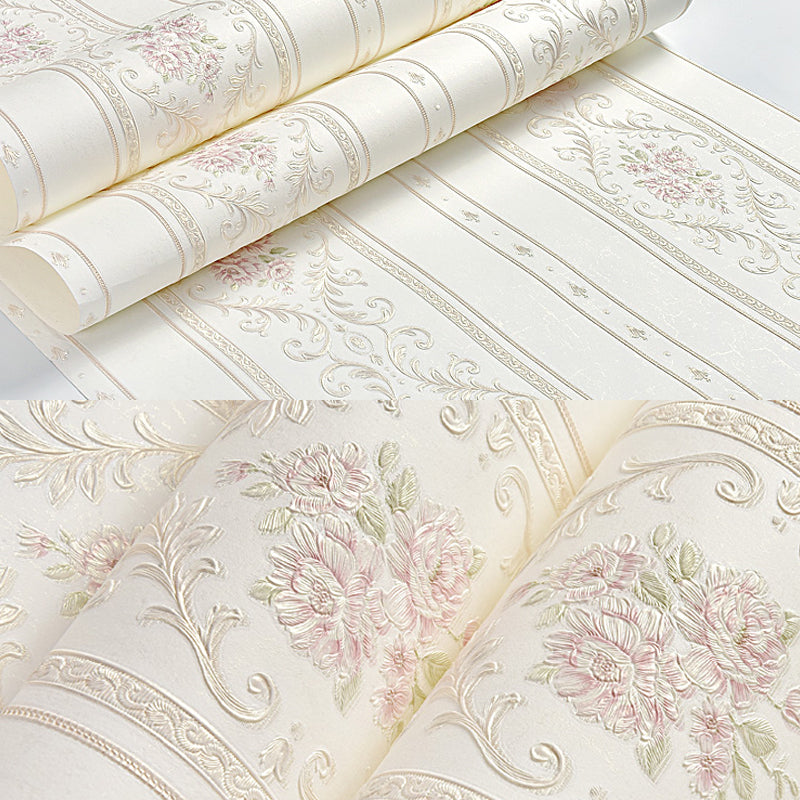 Floral Striped Wallpaper Roll Countryside Embossed Wall Covering in Pastel Color