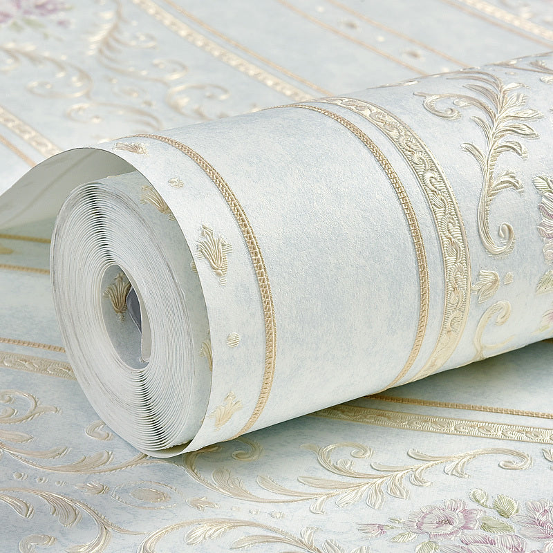 Floral Striped Wallpaper Roll Countryside Embossed Wall Covering in Pastel Color