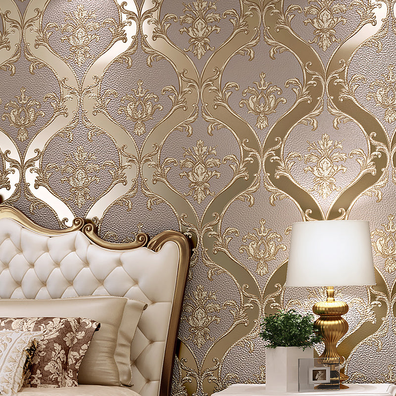 European Ogee Wallpaper Flock Moisture Resistant Dark Color Wall Art for Bedroom