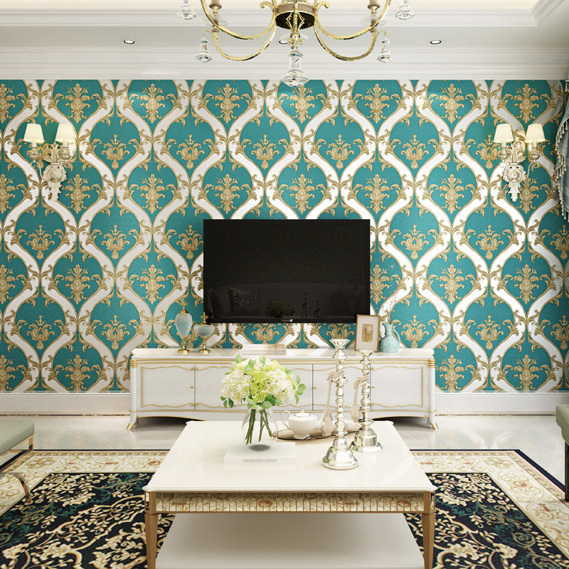 European Ogee Wallpaper Flock Moisture Resistant Dark Color Wall Art for Bedroom