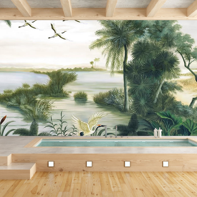 Asian Red-Crown Crane Murals Wallpaper Green Water Landscape Wall Decor for Living Room
