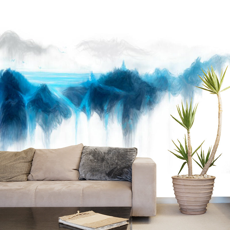 River Mountain Landscape Mural Wallpaper Blue and White Modern Art Wall Covering for Home