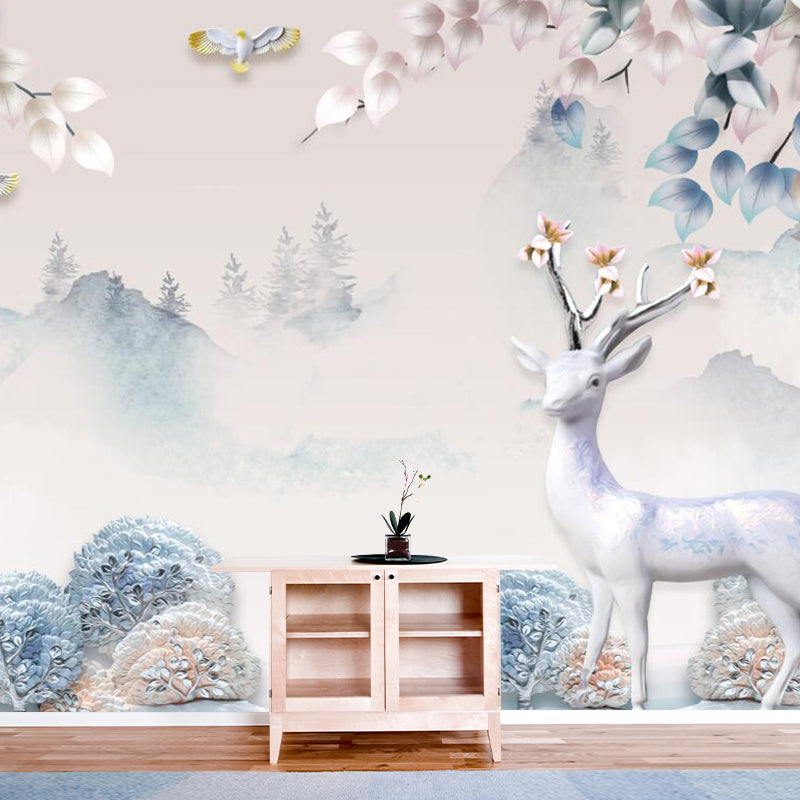 Misty Landscape Deers Wall Mural Decal Nordic Non-Woven Fabric Wall Art in Yellow-Blue