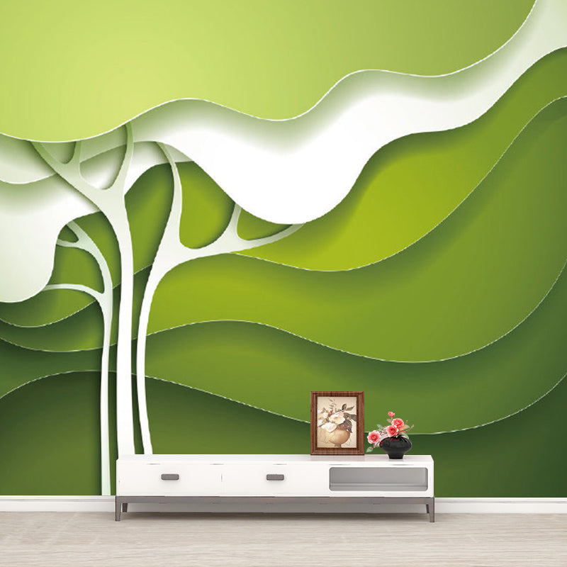 Green-White Tree Wall Mural Moisture Resistant Minimalist Wall Decor for Bedroom
