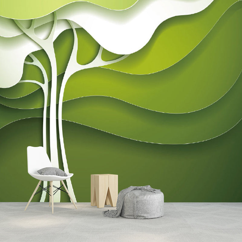 Green-White Tree Wall Mural Moisture Resistant Minimalist Wall Decor for Bedroom