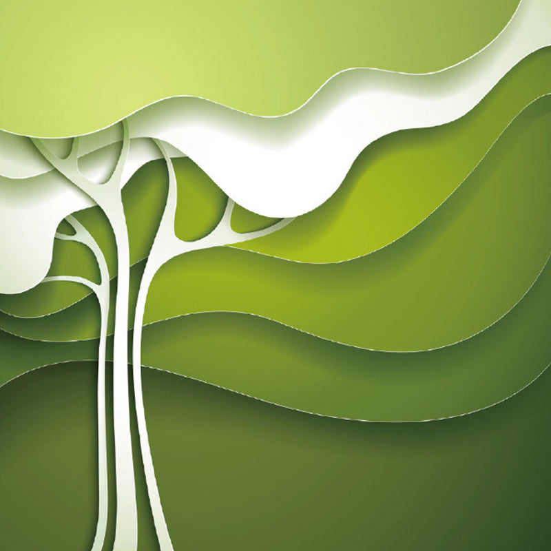 Green-White Tree Wall Mural Moisture Resistant Minimalist Wall Decor for Bedroom