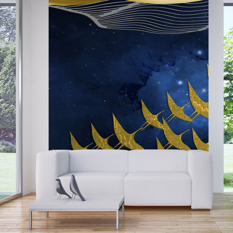 Full Size Abstract Wall Mural Artistic Imaginative Gulls at Starry Night Wall Art in Yellow-Blue