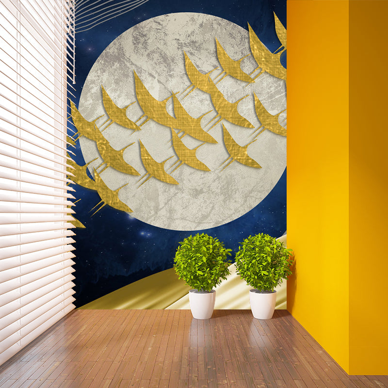 Personalized Illustration Artistry Mural with Flock of Birds Fly Across Full Moon in Yellow-Blue