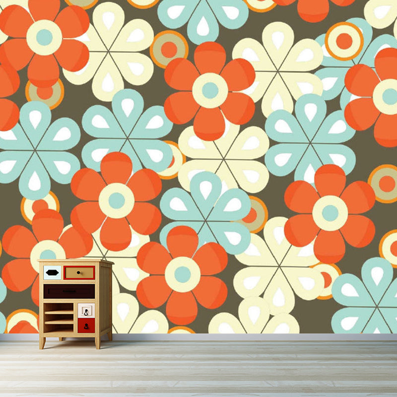 Artistic Scattered Flower Wallpaper Mural Blue-Orange-Yellow Moisture Resistant Wall Art for Home