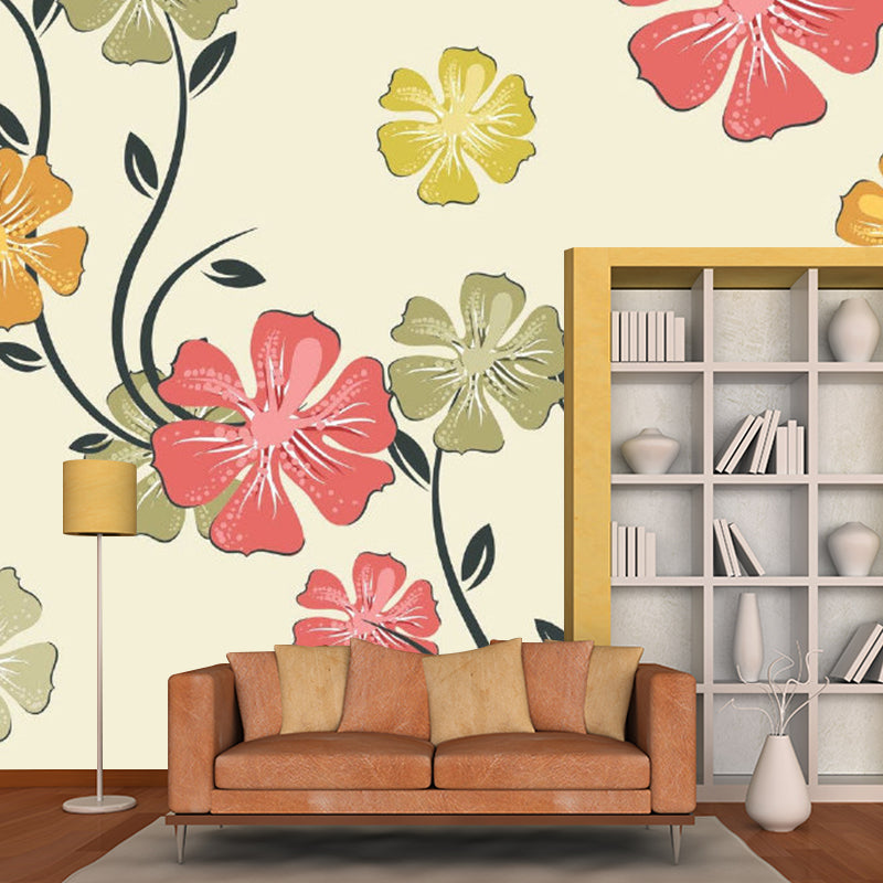 Full Size Flower Print Mural Wallpaper Red-Yellow-Green Non-Woven Wall Art, Washable, Custom Made