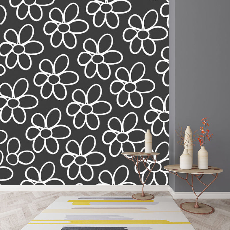 Simple Flower Wall Paper Mural for Bedroom Customized Wall Covering in White on Black
