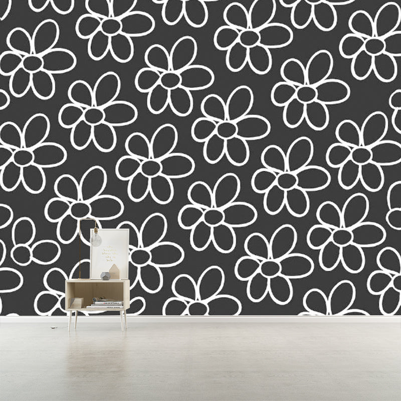 Simple Flower Wall Paper Mural for Bedroom Customized Wall Covering in White on Black