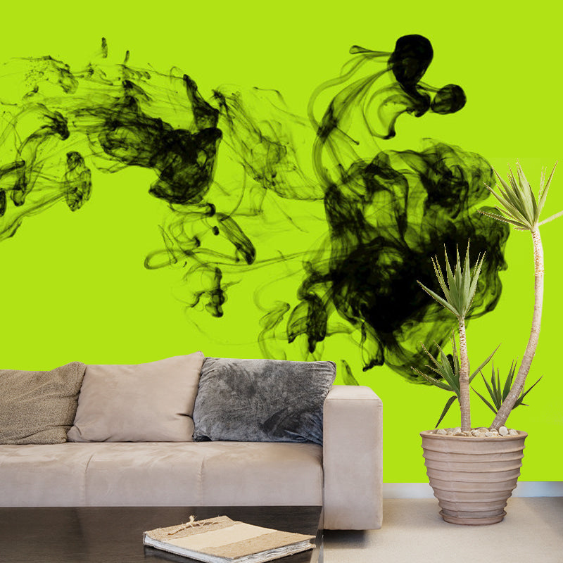 Ink Drops in Water Mural Wallpaper Black-Green Simplicity Wall Decoration for Hallway