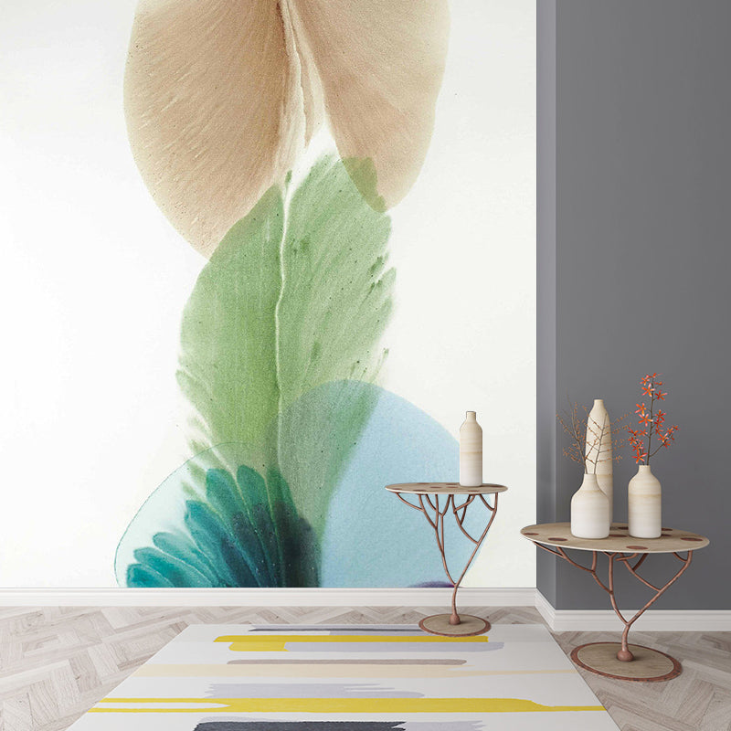 Custom Illustration Art Deco Murals Wallpaper with Petals Painting, Blue-Yellow-Green