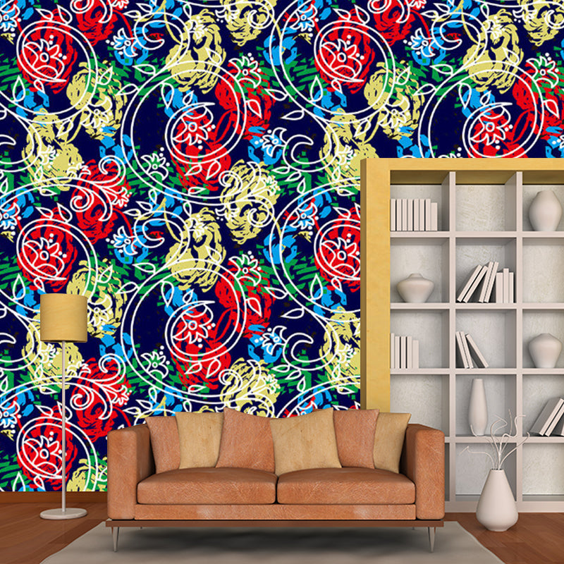 Peonies and Swirl Vine Mural Decal Red-Yellow-Blue Stylish Wall Covering for Bedroom