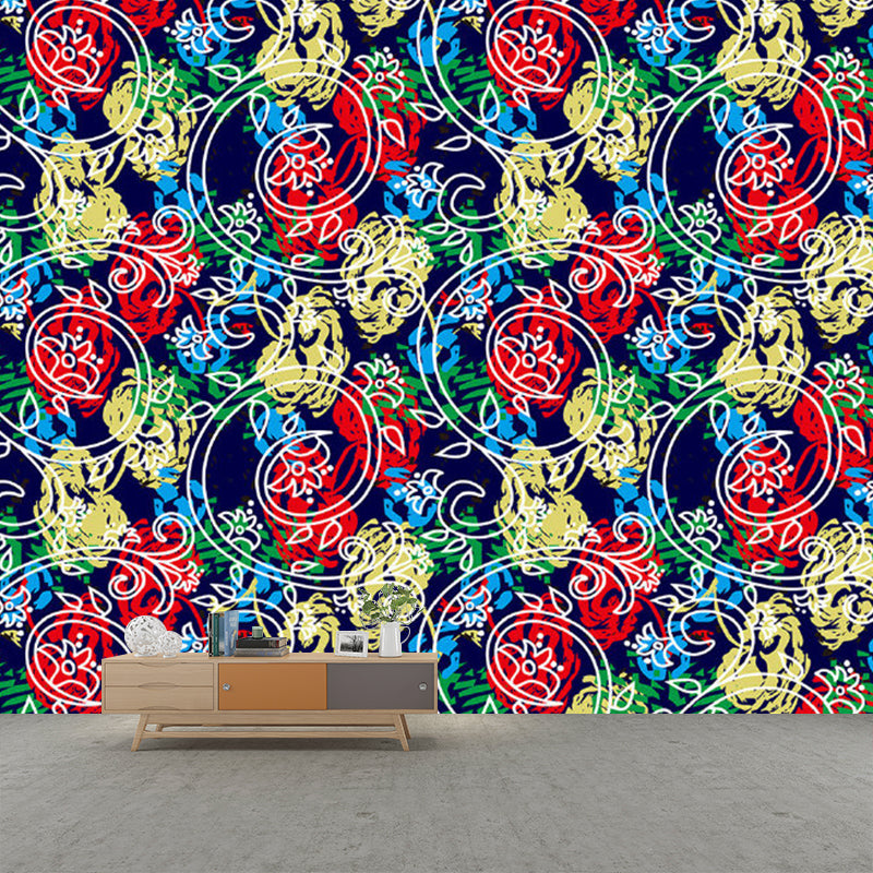 Peonies and Swirl Vine Mural Decal Red-Yellow-Blue Stylish Wall Covering for Bedroom