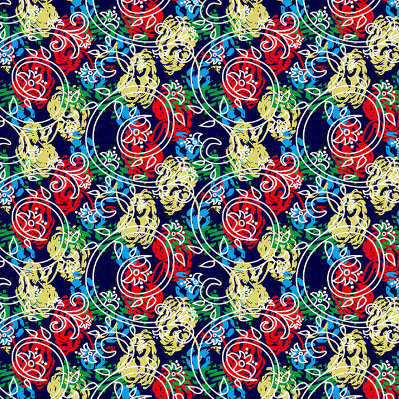 Peonies and Swirl Vine Mural Decal Red-Yellow-Blue Stylish Wall Covering for Bedroom