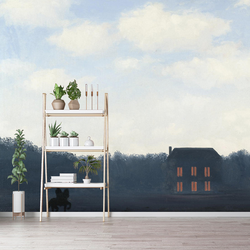 Landscape with Rider Painting Murals Blue-White Surrealistic Wall Art for Living Room