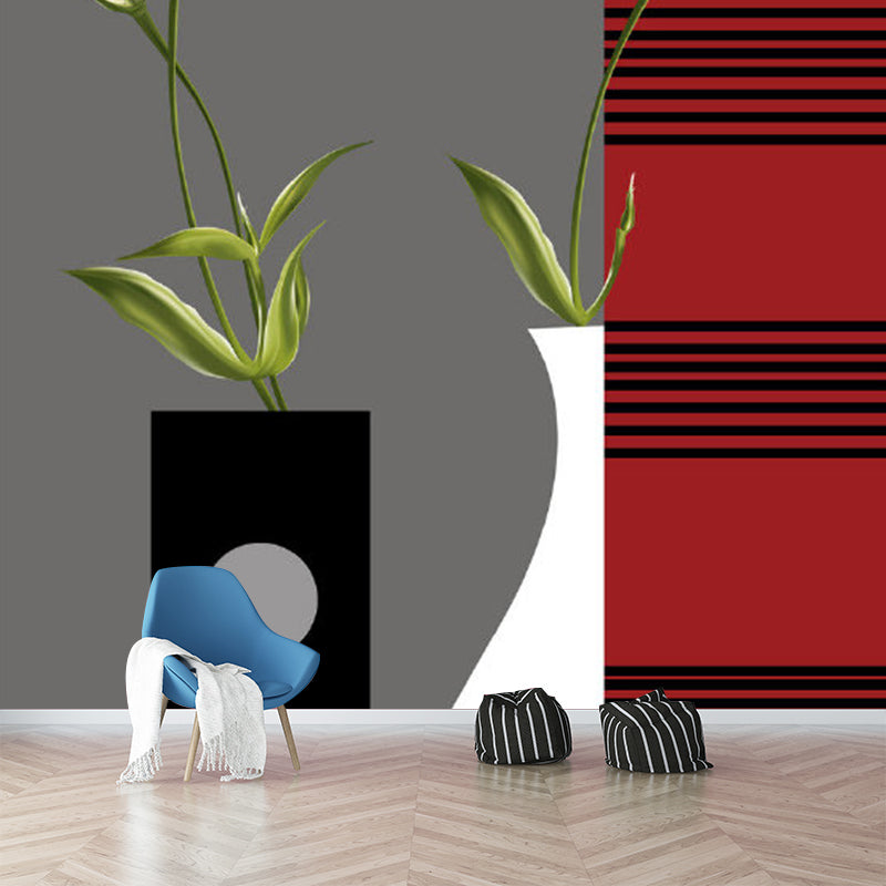 Minimalistic Tulip Flower Wall Mural Red-Grey Bedroom Wall Art, Custom Size Available