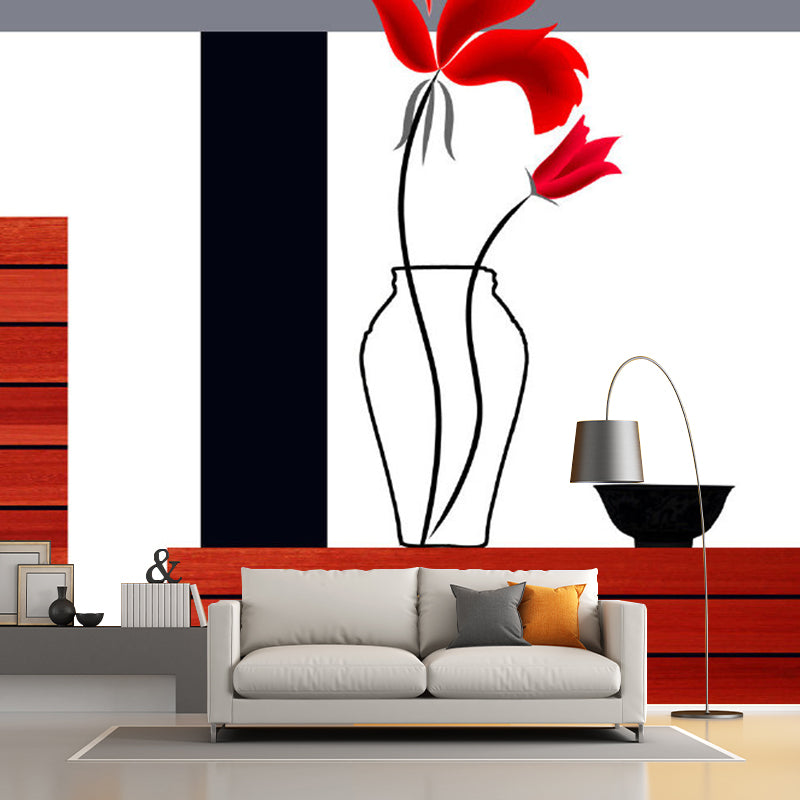 Huge Aesthetics Wall Paper Murals Red-Black Lily Vase and Wood Table Wall Decor, Custom Made