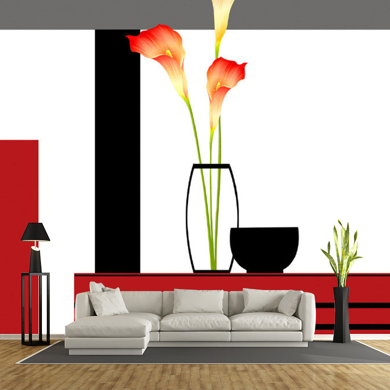 Whole Calla Lily Wallpaper Mural Artistic Beautiful Flower Wall Decor in Red-Black