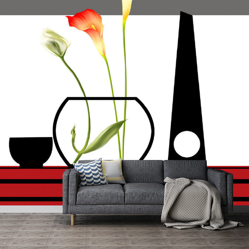 Whole Calla Lily Wallpaper Mural Artistic Beautiful Flower Wall Decor in Red-Black
