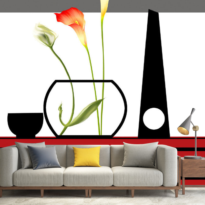 Whole Calla Lily Wallpaper Mural Artistic Beautiful Flower Wall Decor in Red-Black