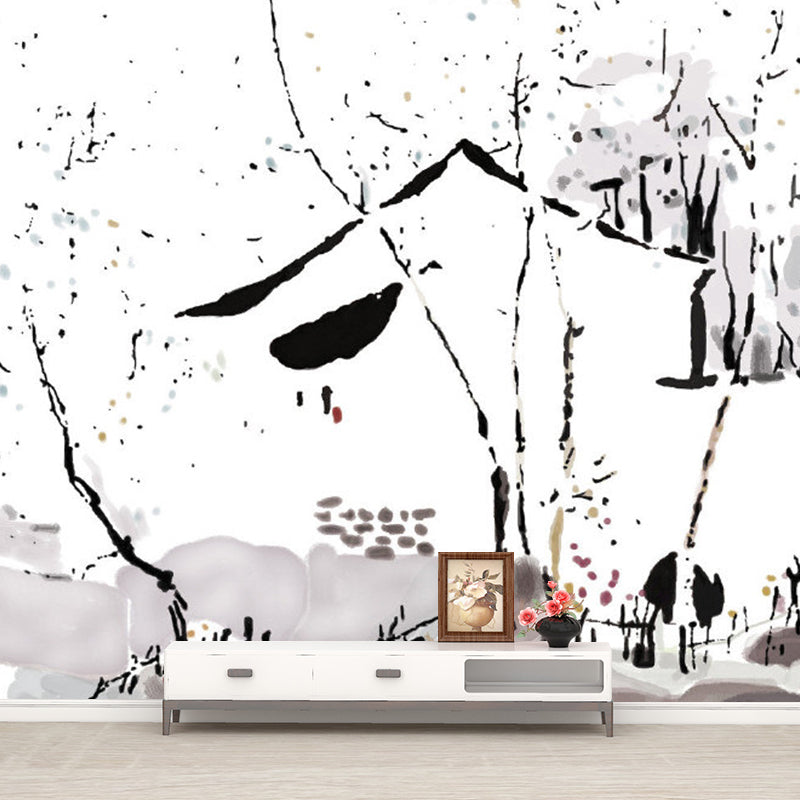 Chinese Ink Painting Farmhouse Mural Black-White Moisture Resistant Wall Art for Bedroom
