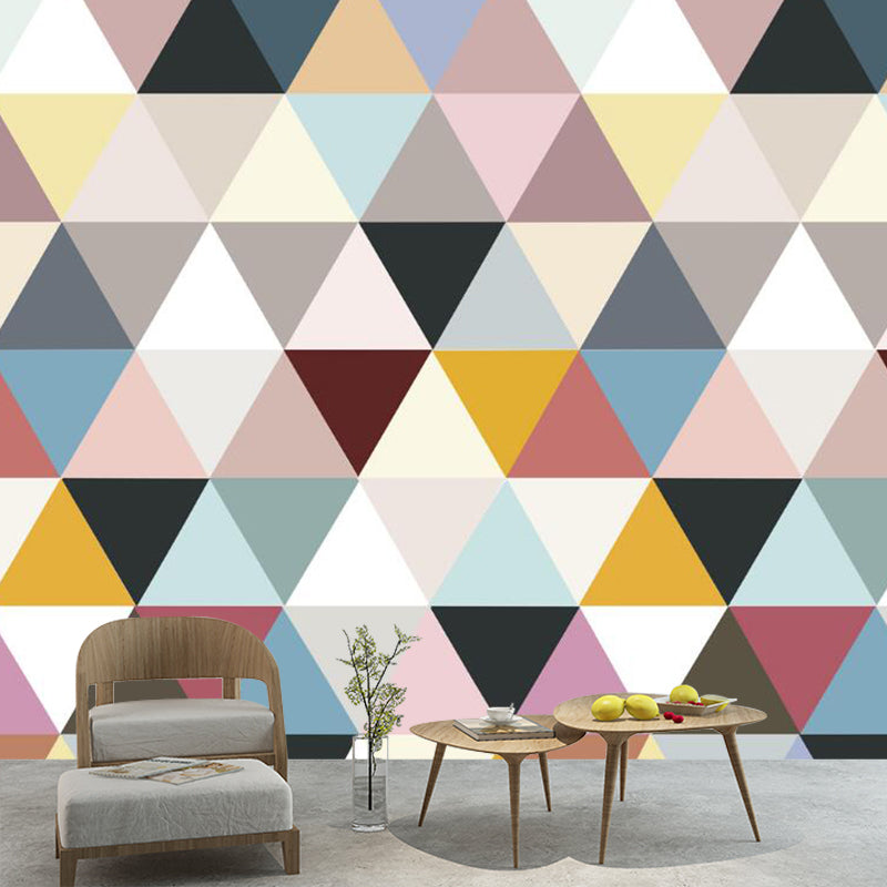 Whole Triangle Wall Murals for Bedroom Patchwork Wall Art in Blue-Pink-Yellow, Washable