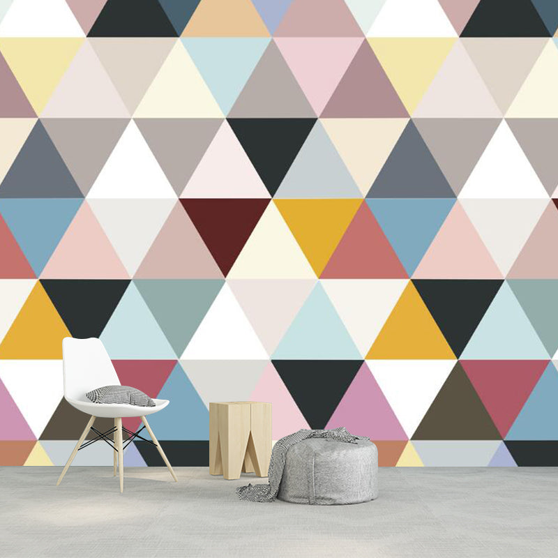 Whole Triangle Wall Murals for Bedroom Patchwork Wall Art in Blue-Pink-Yellow, Washable