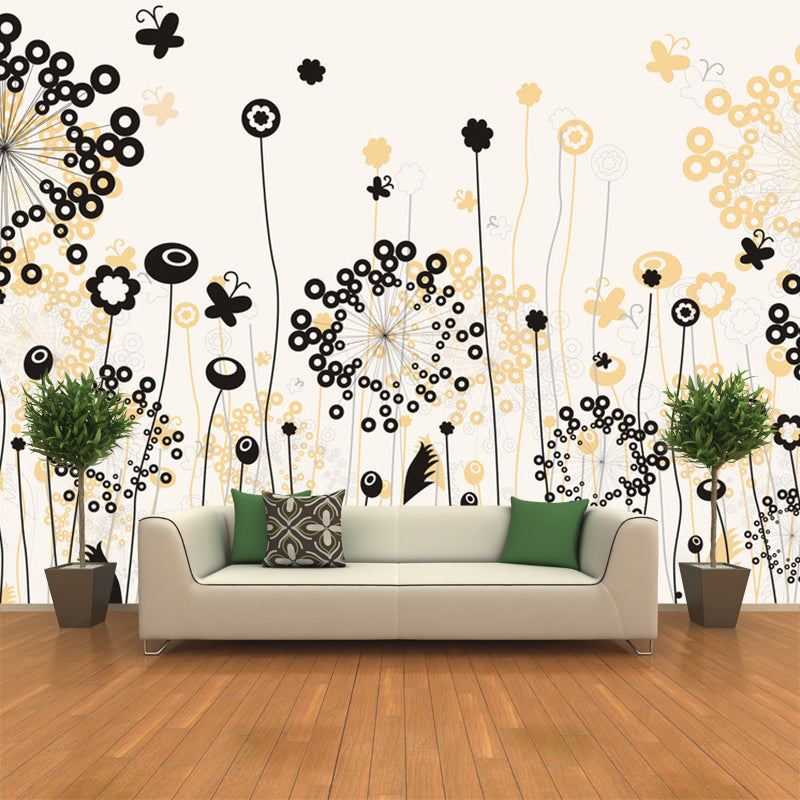 Black-Yellow Dandelion Wall Murals Moisture Resistant Modernist Bedroom Wall Covering