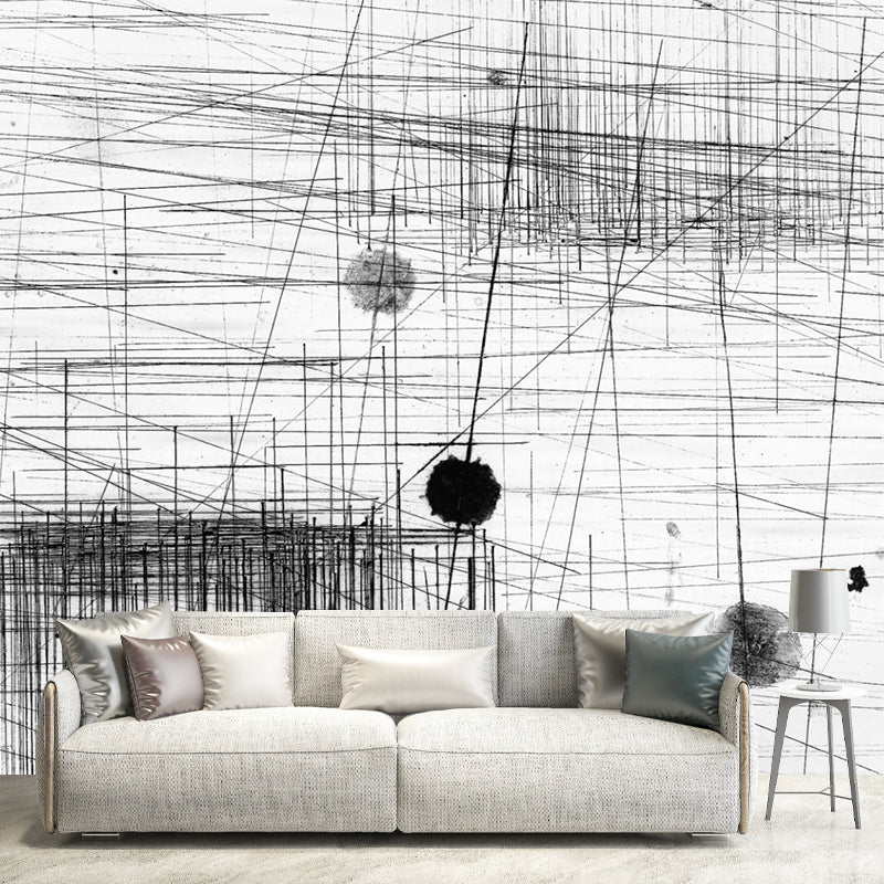 Abstract Line Sketch Wallpaper Murals Artistry Non-Woven Material Wall Decor in Black-Grey