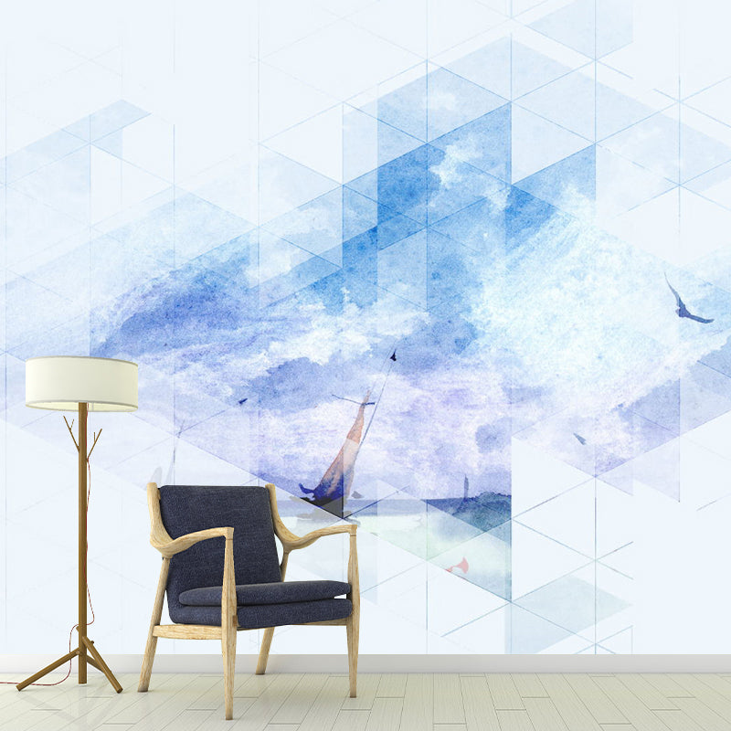 Contemporary Sailboat at Sea Mural Decal Blue and Purple Geometry Wall Art for Decoration
