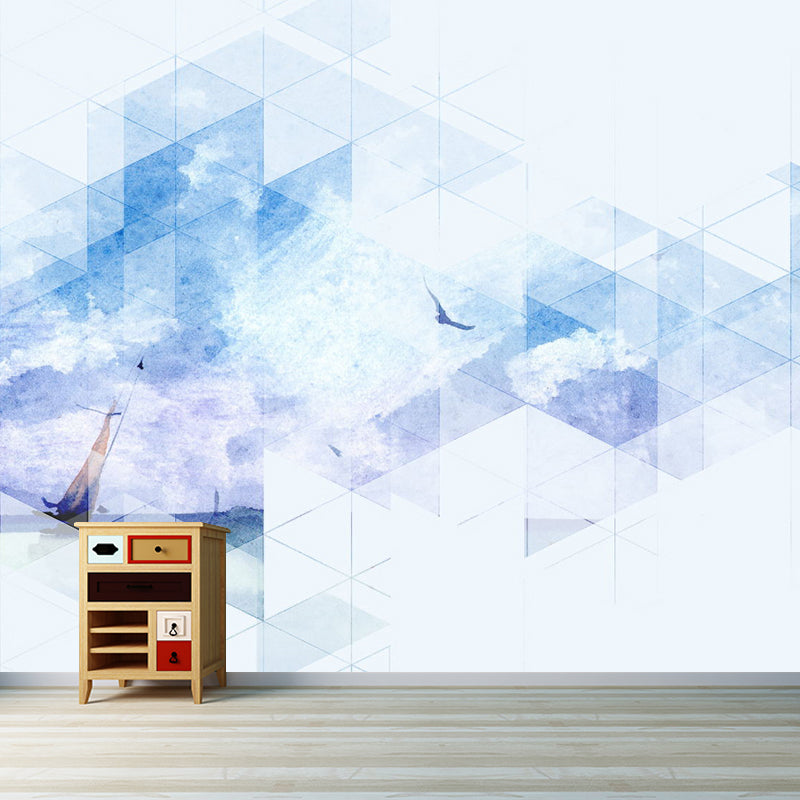 Contemporary Sailboat at Sea Mural Decal Blue and Purple Geometry Wall Art for Decoration