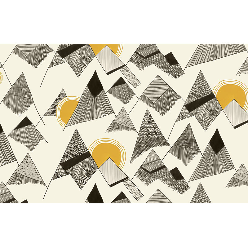 Full Size Art Deco Murals Wallpaper Yellow-Black Sun Behind Cone Mountain Drawing Wall Covering, Custom Print