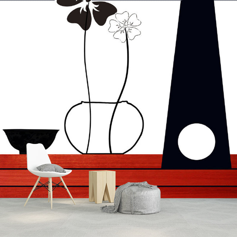 Red-Black Minimalist Wall Mural Decal Large Flower and Vase Pattern Wall Covering for Decor