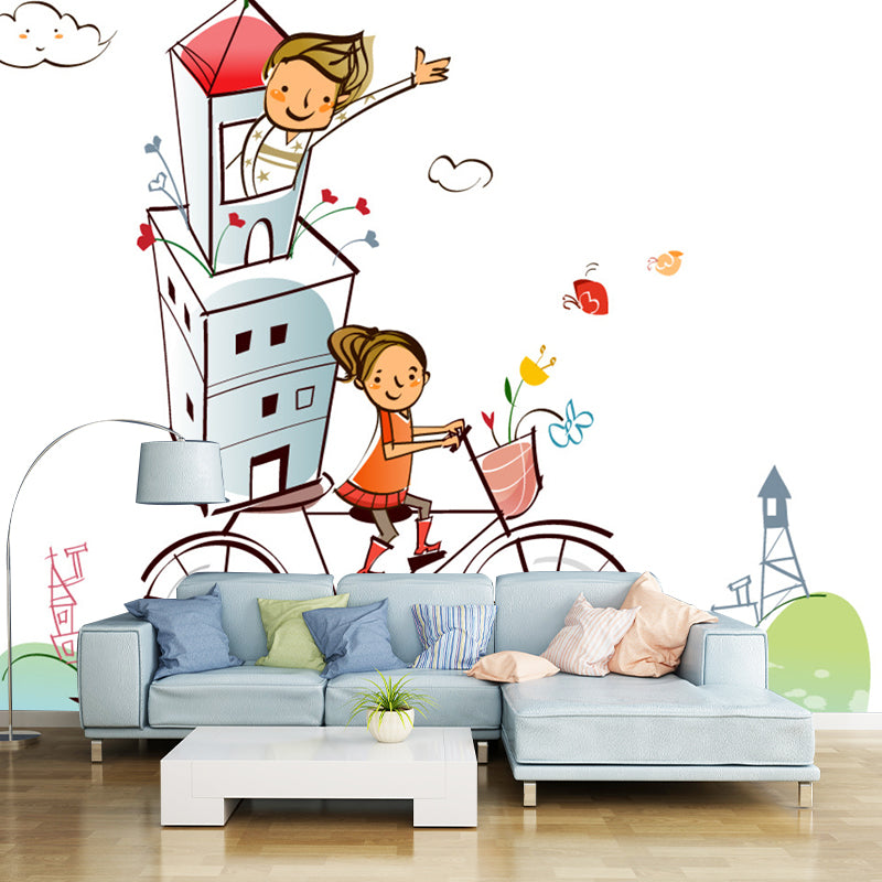 Cartoon Fantasy Bike Riding Mural Decal Orange-Green Water Resistant Wall Art for Bedroom
