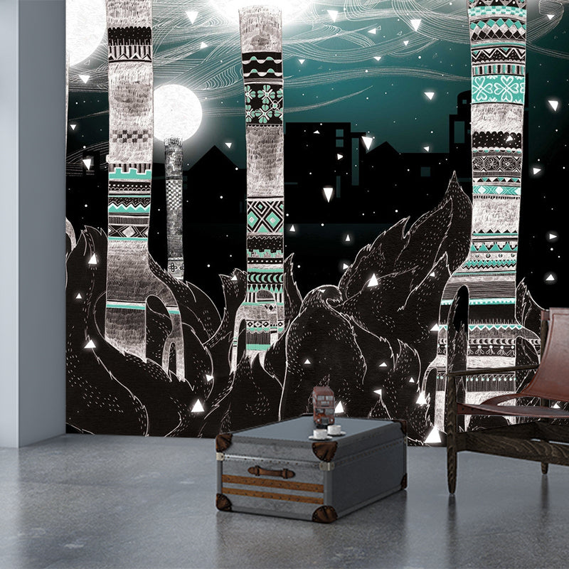Whole Childrens Art Mural Wallpaper Black-Green City Light Tower Wall Covering, Custom Print