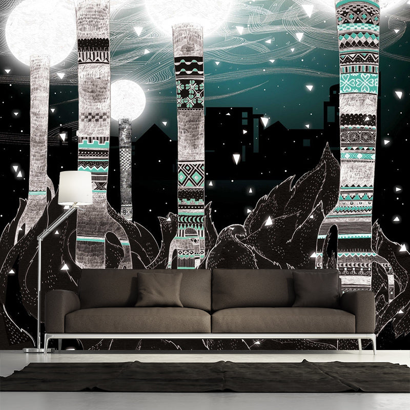 Whole Childrens Art Mural Wallpaper Black-Green City Light Tower Wall Covering, Custom Print